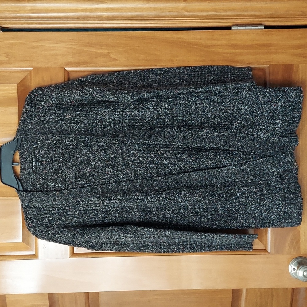 Express Charcoal Tweed Open-Front Teddy Cardigan, Pockets, Size L, Like New ▪